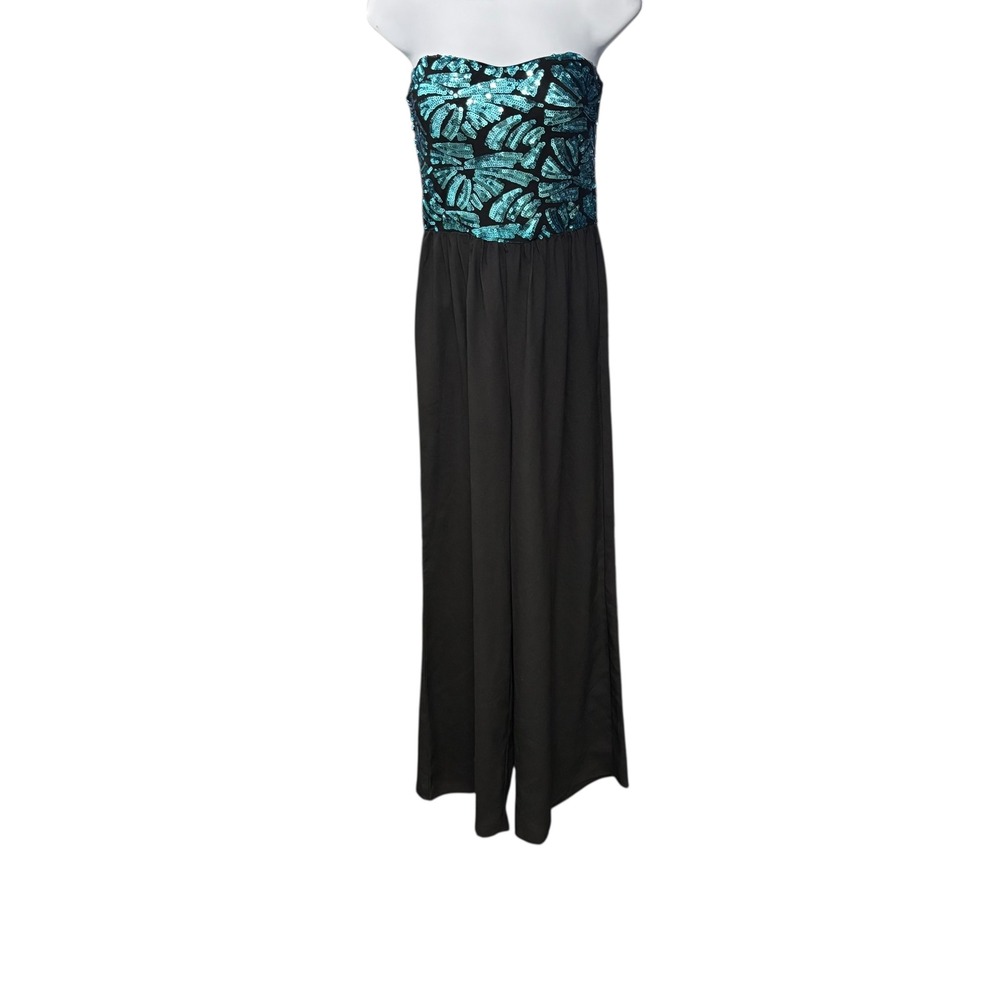 Love Reign Black Strapless Jumpsuit Teal Sequin Bodice Wide Leg M‎ Whimsigoth